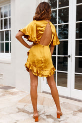 Miss Coco Angel Sleeve Ruffle Trim Dress Mustard